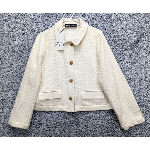 Zara Jackets & Blazers - NWT Zara Tweed Cropped Blazer Size XL Gold Button Preppy Office Cream